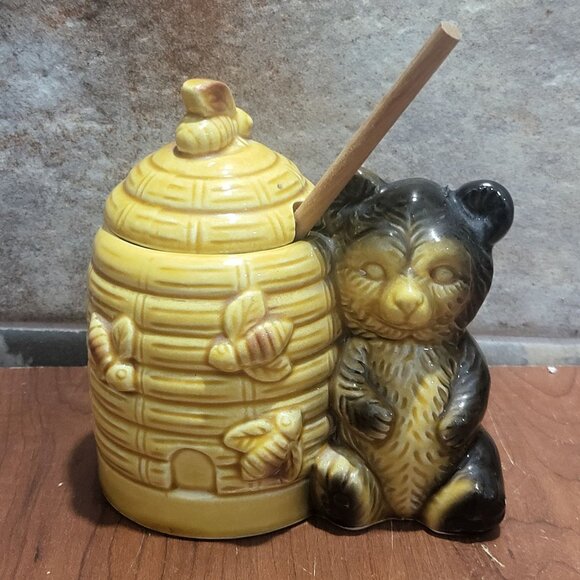 Vintage Beehive Bear Honey Pot With Lid Honey Wood Dipper Jar Server - Picture 11 of 13